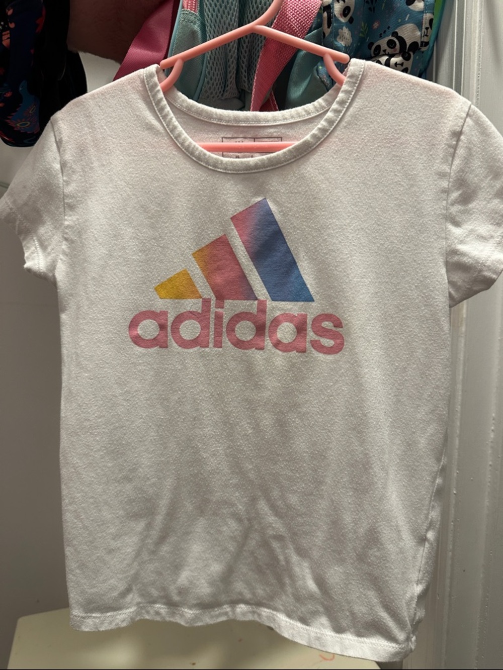 adidas White Short-Sleeve Tee with Pastel Multi-Color Logo